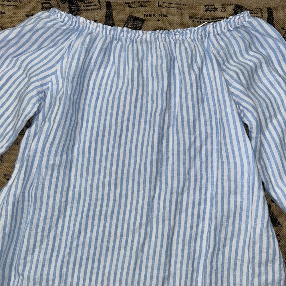Saks Fifth Avenue 100% Linen Blue White 3/4 Sleeve Off Shoulder Maxi Dress - Picture 7 of 16
